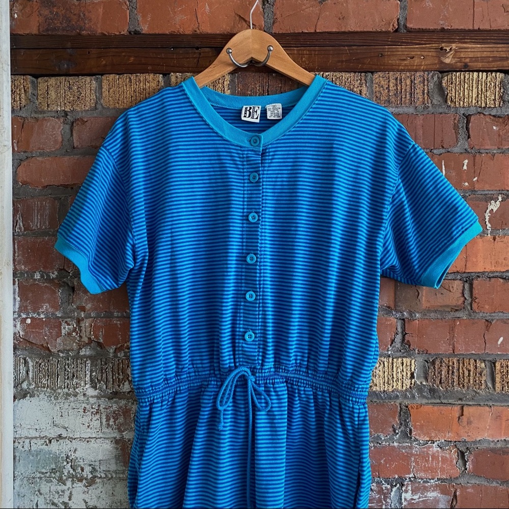 RARE 80’s/90’s Blue Horizontal Striped Knit Jersey Cotton Romper/Playsuit